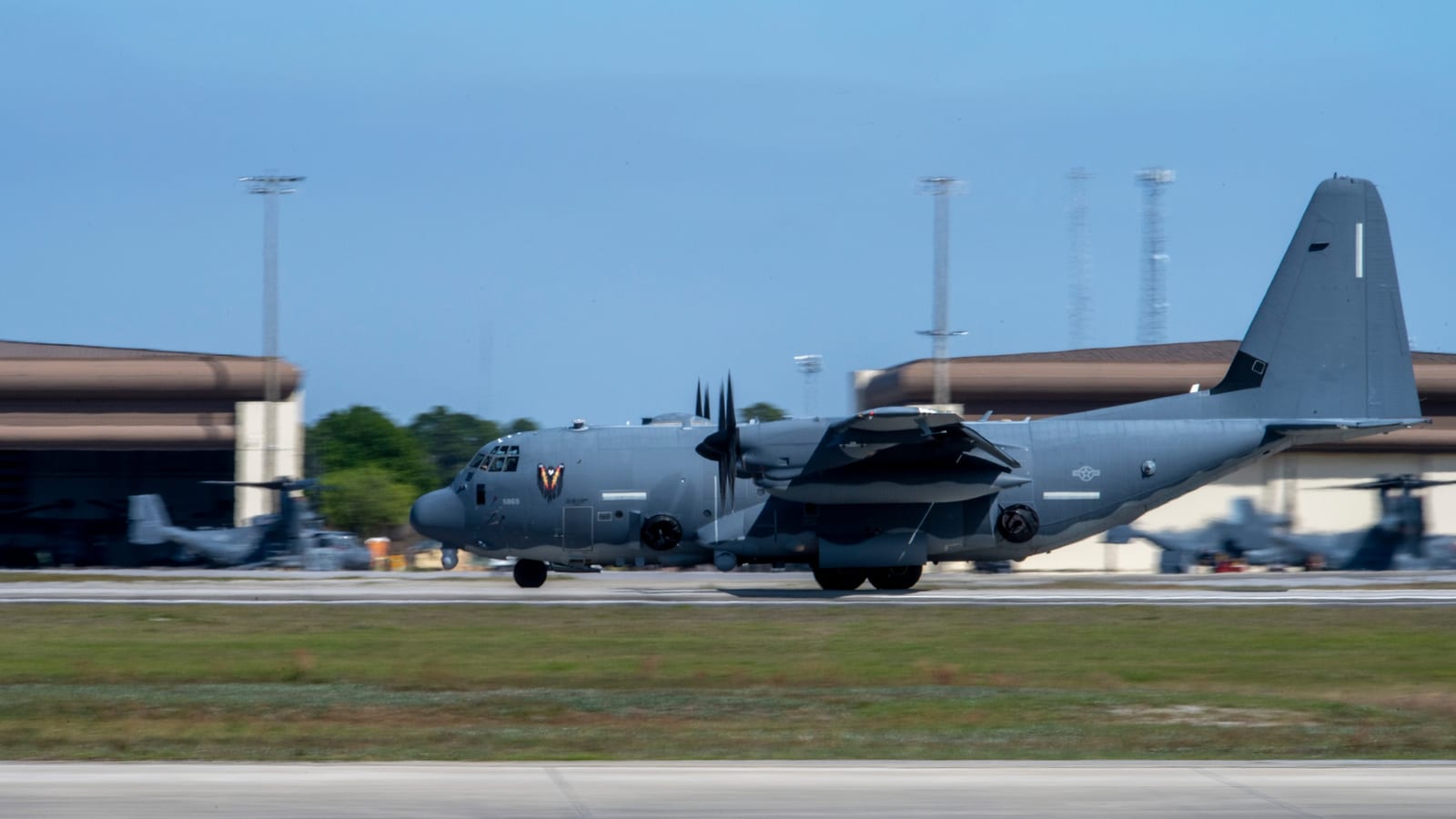 An AC-130J Ghostrider gunship on the flightline at Hurlburt Field