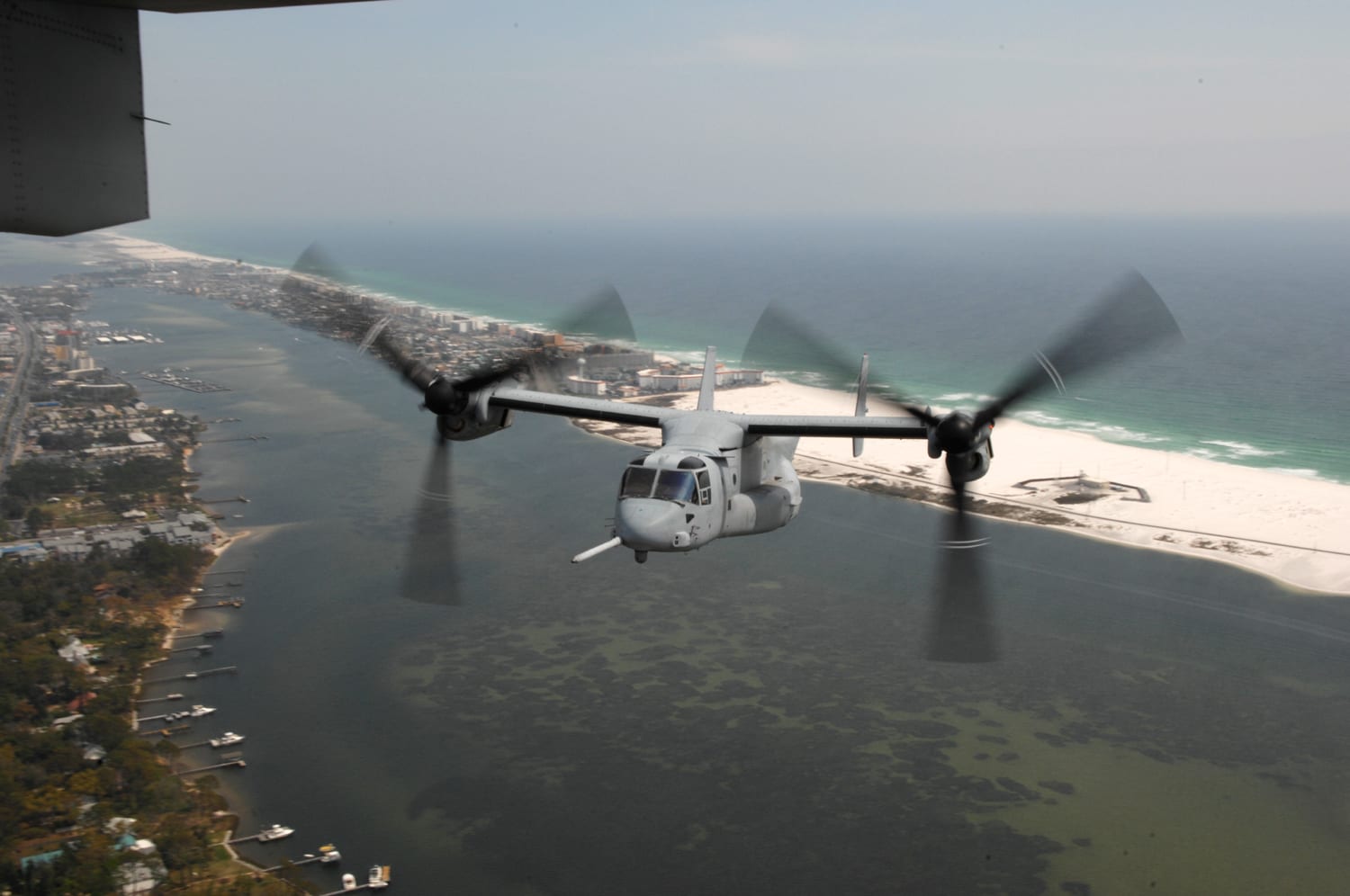 MV-22 Osprey flying over Santa Rosa Sound and the barrier island near Hurlburt Field